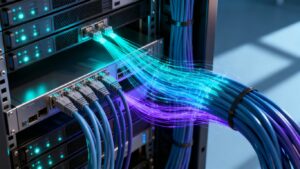Servidores y cables de red interconectados con flujos de datos.