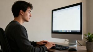 Usuario trabajando en un ordenador, sistema operativo monopuesto.