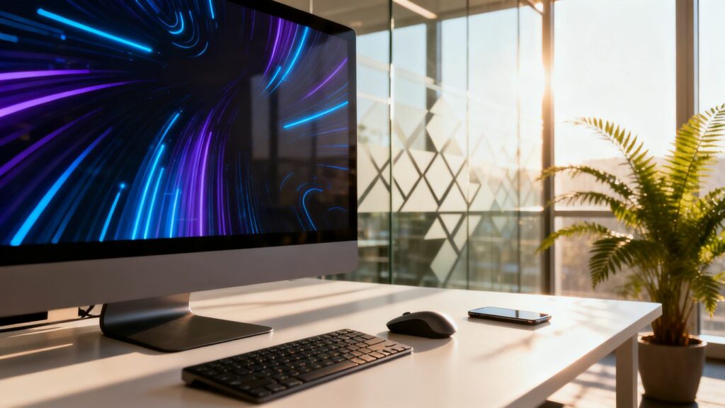 Escritorio moderno con pantalla de patrones digitales.